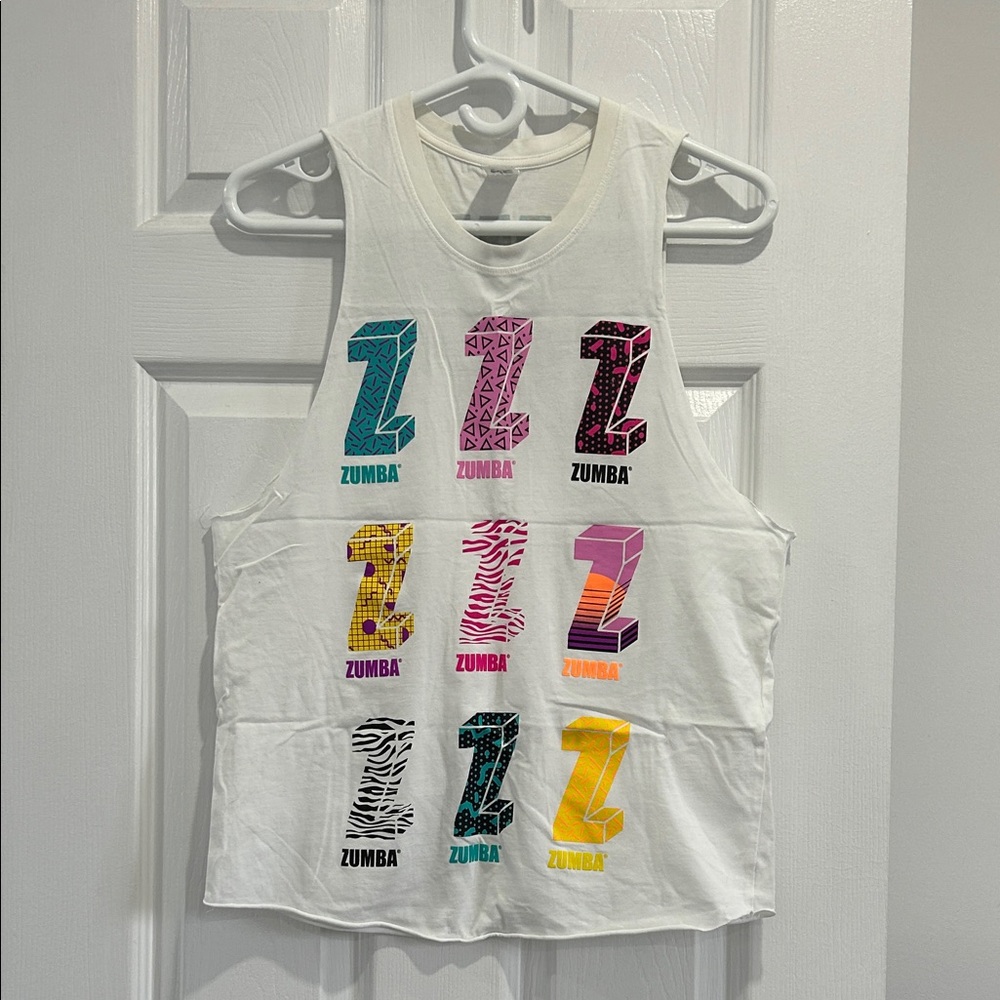 ZUMBA SALE! Custom made White Instructor Muscle Tee with Multicolor Z Print